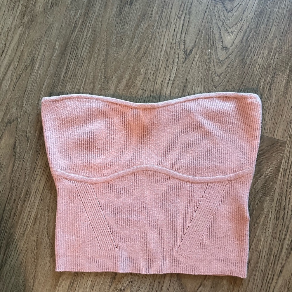 WeWoreWhat Pink Ribbed Strapless Tube Top | Corset Knit Crop Top | Size L